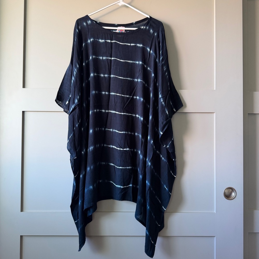 Aloha Royal Kaftan Women One Size Blue Black Tie Dye Rayon Hand Made Indonesia